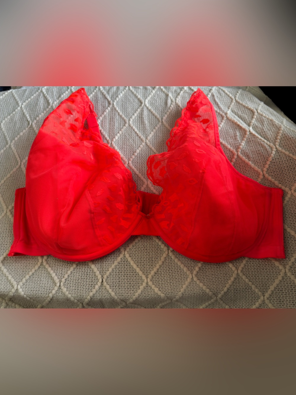 Cacique 46DDD Neon Pink Orange Lace Plunge Bra Full Coverage